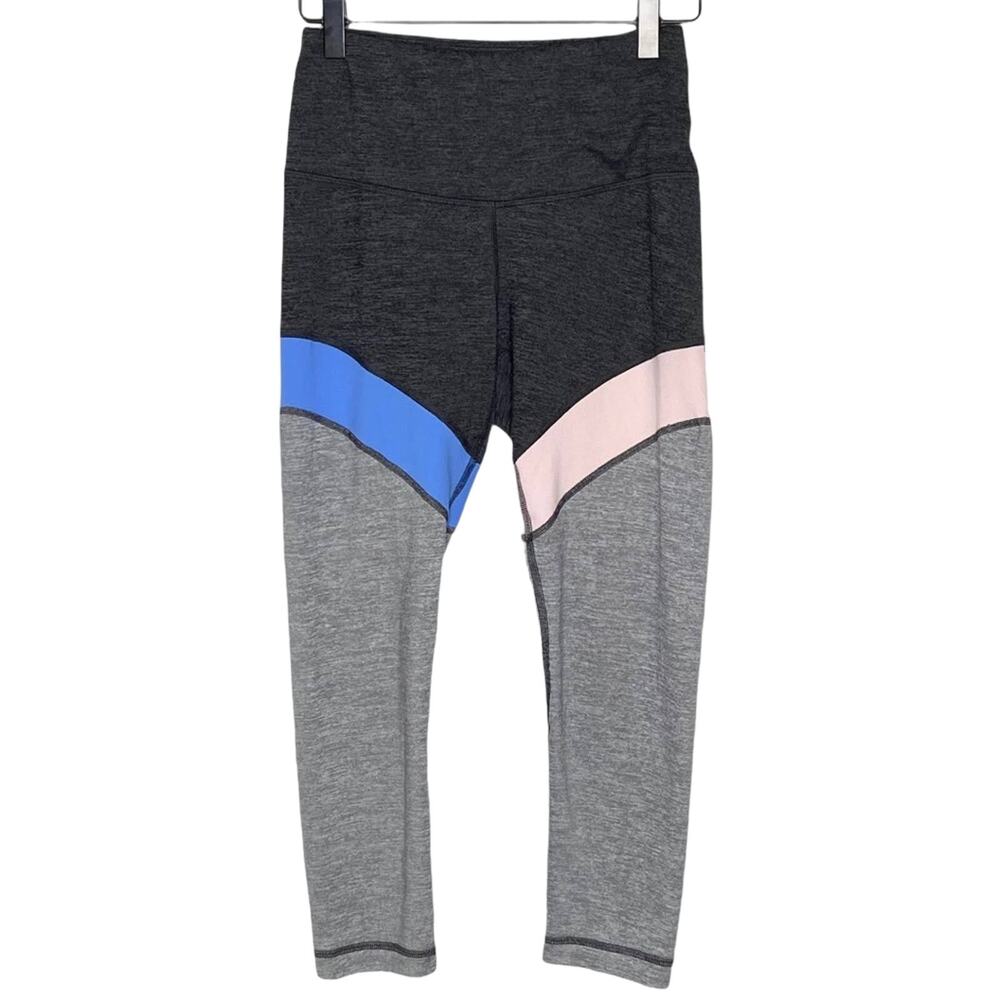 YOGALICIOUS gray, pink and blue color block crop leggings size small